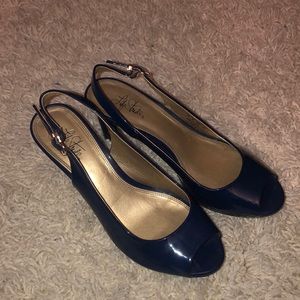 NAVY STRAPPY PEEP TOE HEELS